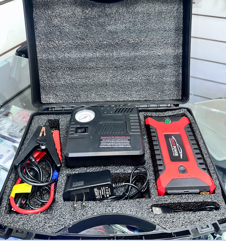 Kit Arrancador de Batería 12V con Compresor de Aire y Linterna LED