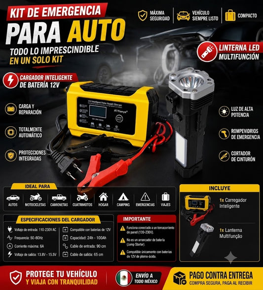 Kit Cargador de Batería 12V Inteligente + Linterna LED de Emergencia Recargable